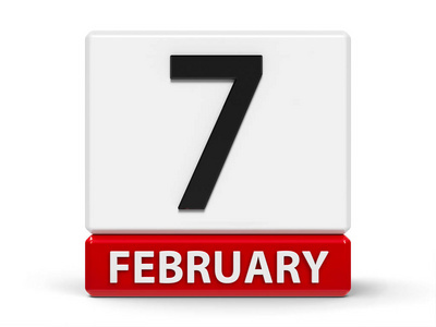 红色和白色日历图标从立方体2月7日在一个白色桌子三维渲染三维插图