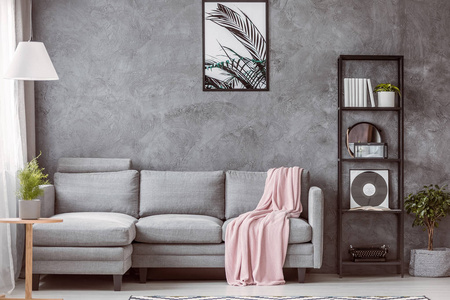现代客厅的灰色舒适沙发上贴着粉色毛毯，带有工业黑色书架