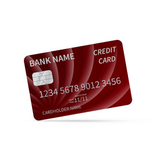 现实的红色信用卡隔离在白色上。 详细的塑料卡与银浮雕符号。 虚拟货币和在线支付在世界各地的概念。 易于编辑矢量模板。