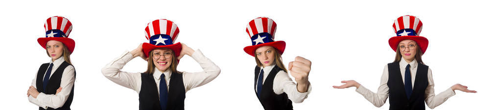 女人戴着顶帽子与美国符号