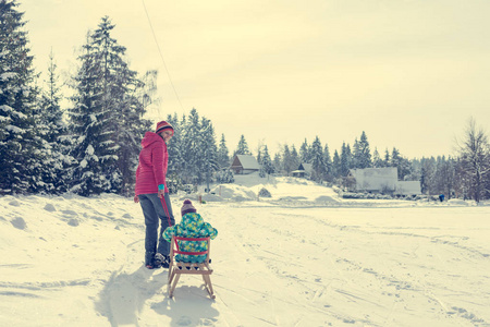 母亲用木制雪橇拉着女儿