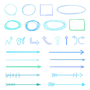 手绘的白色信息元素。 抽象的彩色箭头。 线条艺术。 不同几何形状的集合。 彩色插图。 艺术品涂鸦