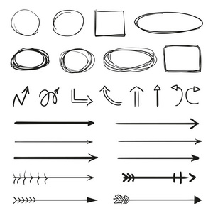 隔离背景上的信息元素。 手绘框架和白色箭头。 抽象框架。 线条艺术。 一组不同的形状。 黑白插图。 用于设计的涂鸦