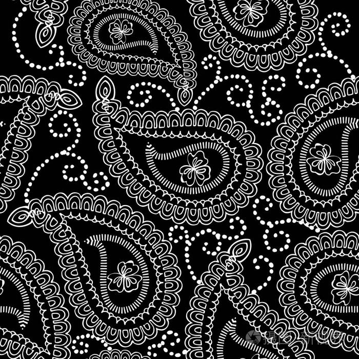 黑白手绘花线艺术巫术装饰与老式民族风格的佩斯利花虚线漩涡.
