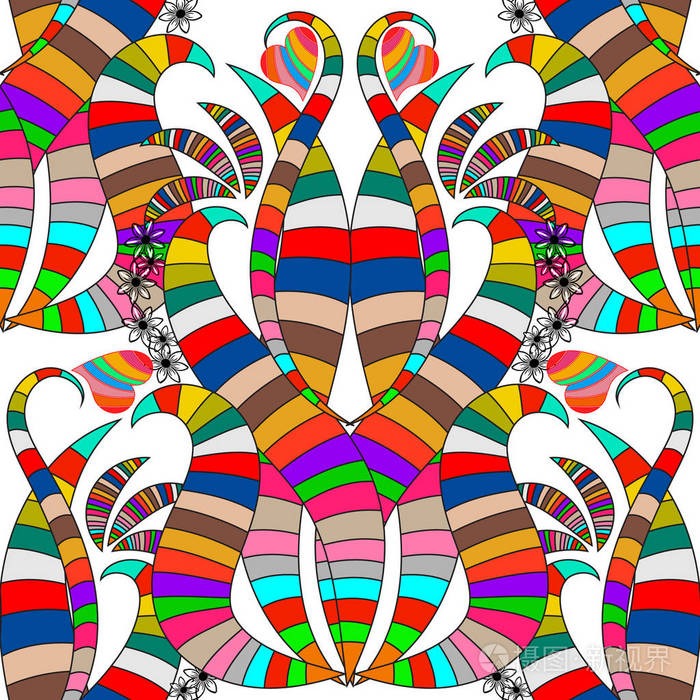 老式手绘多色装饰与抽象派利花,爱心,条纹,线条形状.