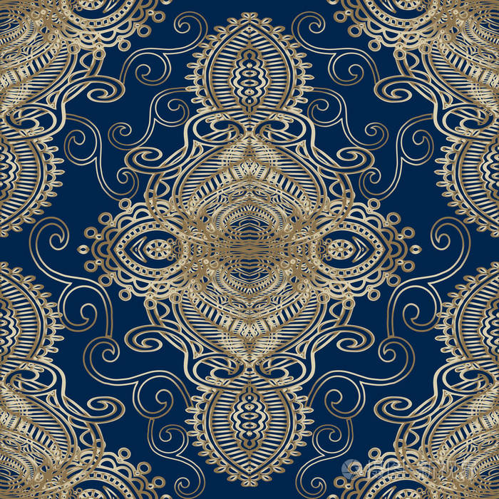 民族花边纹理刺绣佩斯利矢量无缝图案. 观赏复古深蓝色背景.
