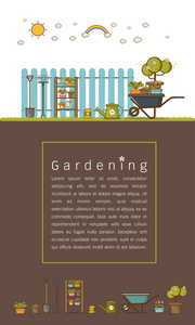 园艺或农业的概念。 花园工具。 夏季花园垂直景观可爱卡通平面矢量插图横幅或海报