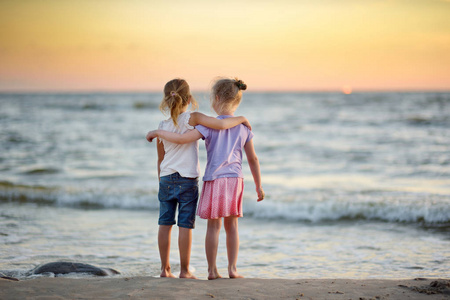 两个可爱的妹妹在沙滩上玩，在温暖和阳光明媚的夏日海边玩