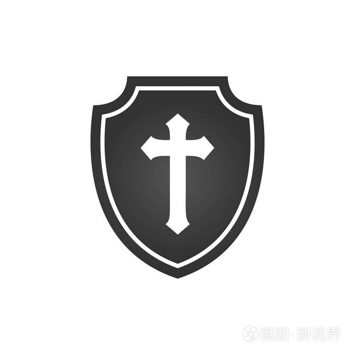 基督教的十字架和信仰的盾牌. 基督教教会矢量标志. 传教士偶像.