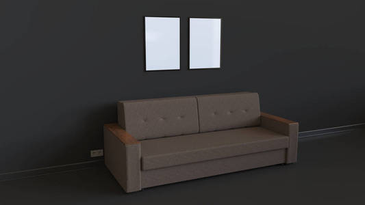 两张空白的白色海报挂在简单沙发上方的墙上。 室内模型。 三维渲染插图。