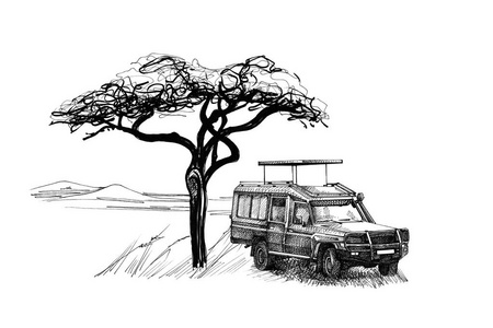 非洲一棵树附近的游戏驱动器。 手绘插图。 收集手绘插图原件无追踪