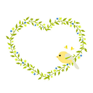 温柔的绿色心形花环和一只黄色的鸟。 EPS10