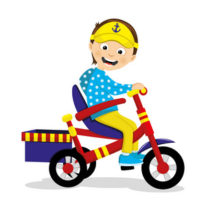 快乐的男孩骑着三轮车在白色的背景上。