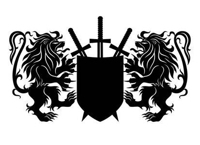 两只黑色狮子，白色背景上有盾牌和剑。