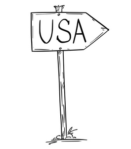绘制小质朴的木制道路箭头标志与 usa 意思美国文本