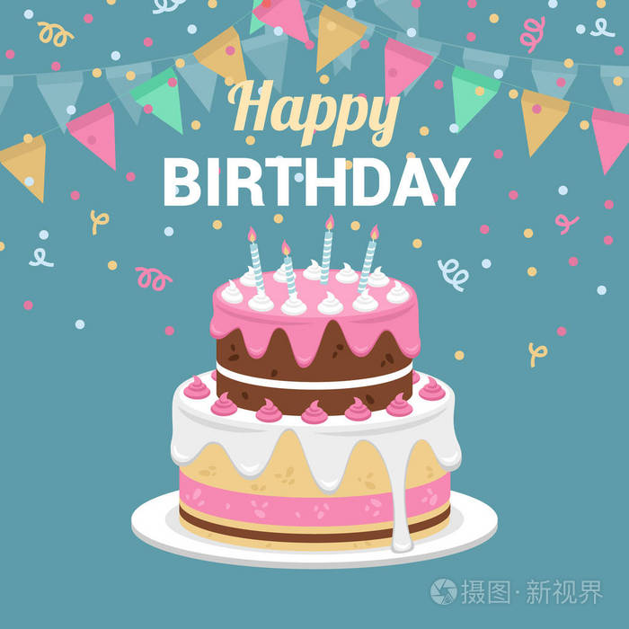 生日快乐横幅,蛋糕和蜡烛插画-正版商用图片18csau-摄图新视界