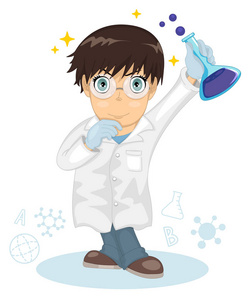 孩子的科学家.小男孩拿着试管,拿着化学实验.卡通人物.