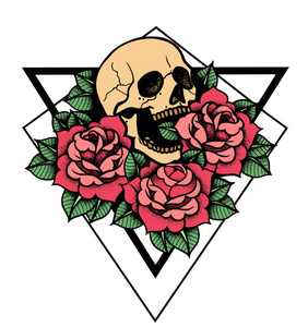 玫瑰和头骨纹身与神圣的几何框架