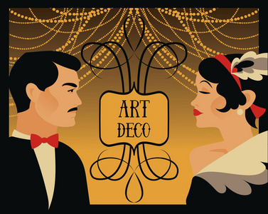 海报20年代风格或盖茨比派对复古女士和绅士,矢量插图照片