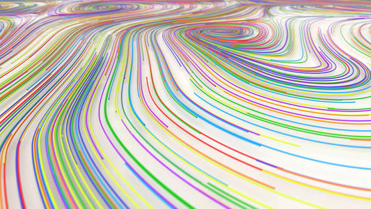 光滑的卷发从彩色的弦在白色的背景。 抽象的几何背景。 三维渲染插图。