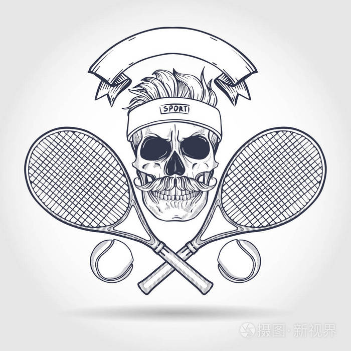 素描头骨与网球拍网球汗带凌乱的听力和胡子