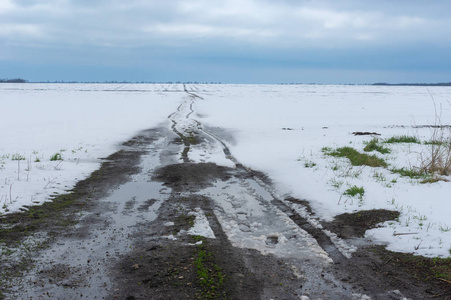 春天的农业景观，肮脏的道路穿过乌克兰中部的冬季农田
