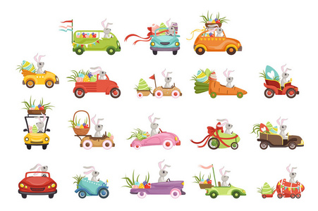 汽车与彩色鸡蛋设置, 滑稽的兔子字符, 快乐的复活节概念卡通矢量插图