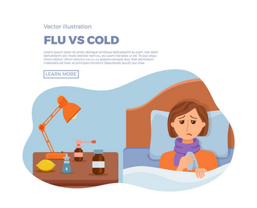 生病的女孩在床上与感冒, 流感的症状