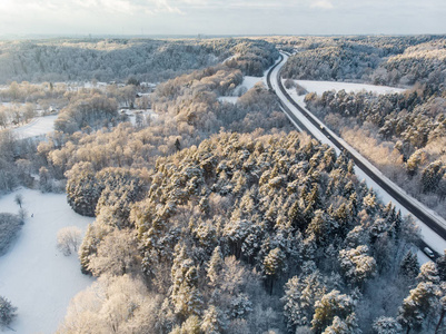 立陶宛维尔纽斯附近美丽的白雪覆盖松林的鸟瞰图