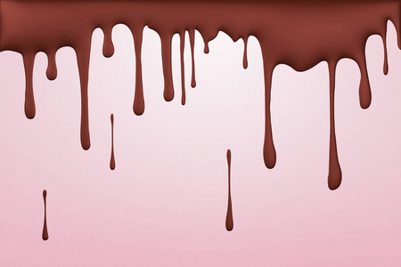 融化的巧克力泄漏，滴着流动的水滴，隔离在粉红色背景3D渲染上