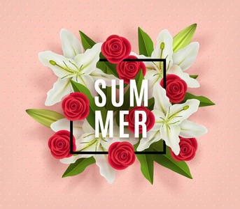夏季设计有一束五颜六色的纸花，3D矢量插图白色百合和红色玫瑰在轻轻的珊瑚背景上