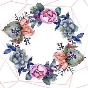 牡丹和多汁的花束花。水彩背景插图集。框架边框装饰正方形
