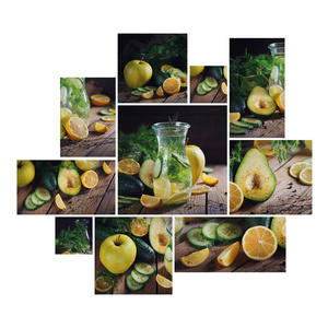 从不同图片的绿色蔬菜拼贴苹果鳄梨黄瓜柠檬和排毒水。 健康食品排毒节食素食和减肥理念。