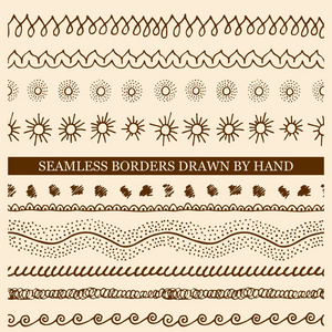 矢量集手画无缝边界用墨水制成。 徒手纹理织物多边形网页设计。