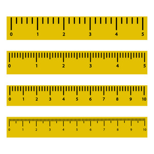 一组带有黑色刻度和数字的黄色尺子。 矢量插图