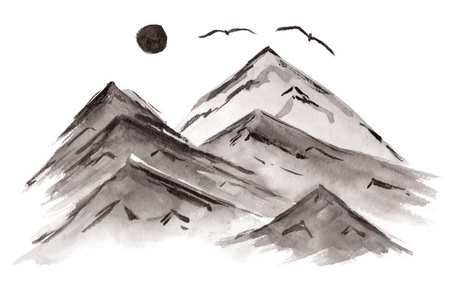 黑色中国墨水山和鸟例证照片