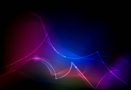 插图抽象发光霓虹灯效果波浪线波浪图案。 蓝色背景上的矢量设计通信技术。 网页或横幅背景的未来数字技术
