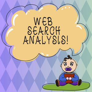 显示 web 搜索分析的文本符号。概念照片调查特定的互动网站搜索婴儿坐在地毯与安抚剂书和空白颜色云讲话气泡