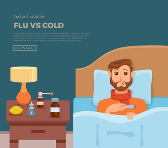 生病的男人在床上与感冒, 流感的症状