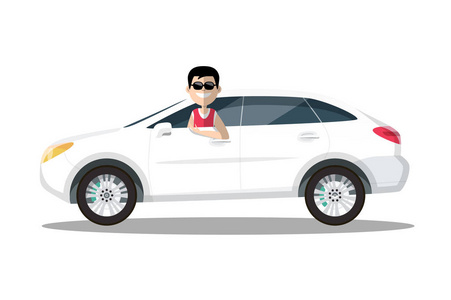 戴墨镜的微笑男子驾驶汽车矢量插图隔离白色背景
