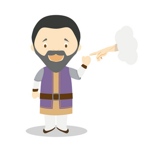 名人画家米开朗基罗卡通人物. 矢量图. 儿童历史收藏.照片