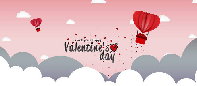 s day background with heart shaped hot air balloon flying throug