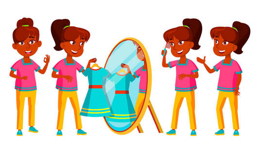 印度女孩设置向量。在校孩子青少年。适用于网络宣传册海报设计。孤立的动画片例证