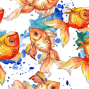 水彩水彩金鱼与彩色抽象插图。无缝背景图案。面料壁纸印花纹理..