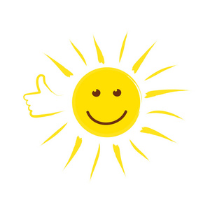 夏天的阳光脸竖起大拇指, 快乐的微笑