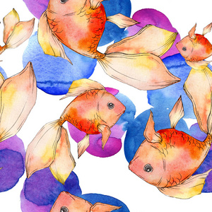 水彩水彩金鱼与彩色抽象插图。无缝背景图案。面料壁纸印花纹理..