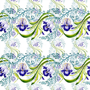 蓝色鸢尾花植物花..野春叶隔离..水彩插图一套..水彩画时尚服装。无缝背景图案。面料壁纸印花纹理..