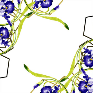 蓝色鸢尾花植物花。 野生春叶野花隔离。 水彩背景插图集。 水彩画时尚服装。 框架边框装饰广场。