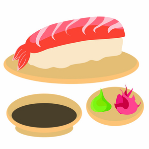 寿司从鱼和米姜芥末和酱油矢量图像。