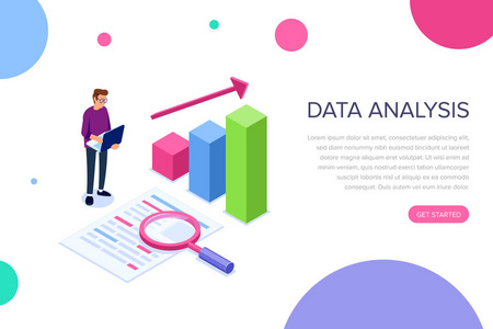 具有字符的数据分析概念。可用于网页横幅信息图形英雄图像。在白色背景查出的平的等距向量例证